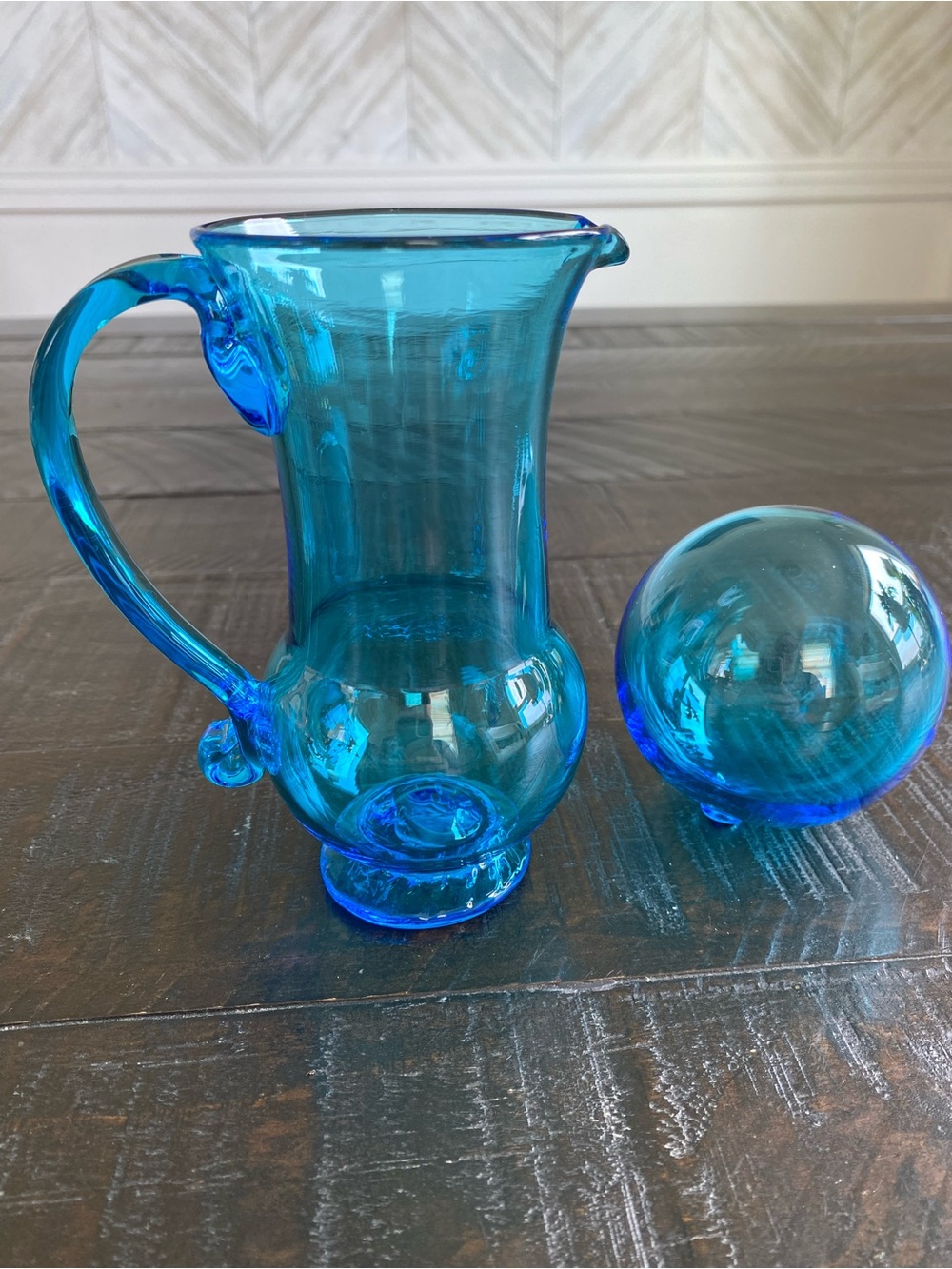 A signed, hand blown blue pitcher & spherical stopper from Greenfield Village